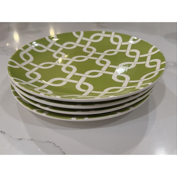Celebrating Home Stoneware Collection Luncheon Plates 4 Green White Lattice - Picture 3 of 5